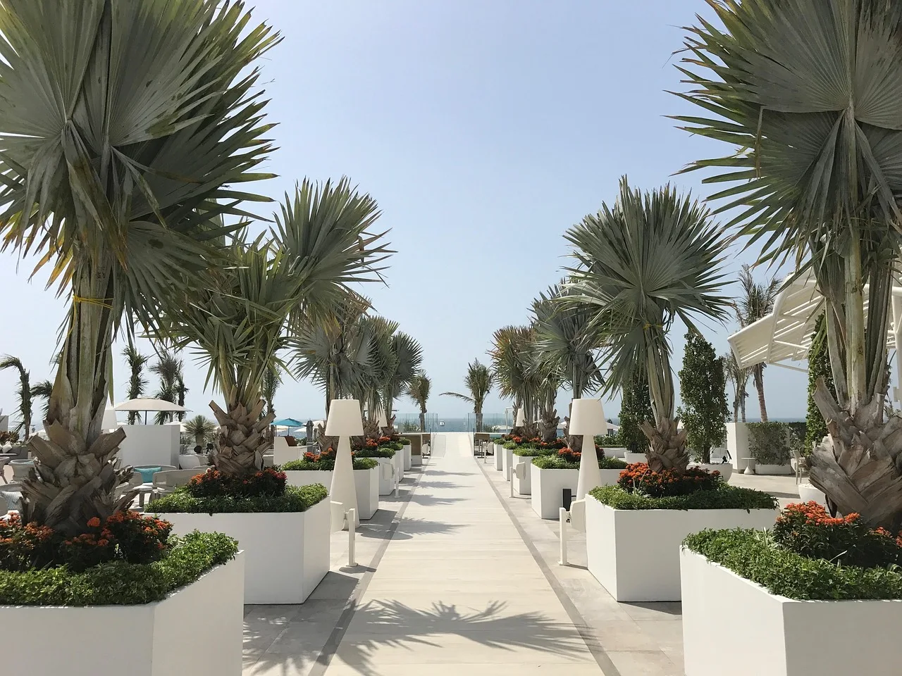 Jumeirah v Dubaji: Pláže, Vily a Madinat Jumeirah Palmová promenáda vedoucí k pláži v Jumeirah s výhledem na Burj Al Arab
